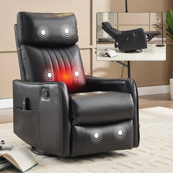 Black Faux Leather Heat Massage Manual Recliner Chair with Rocker and Swivel for Living Room