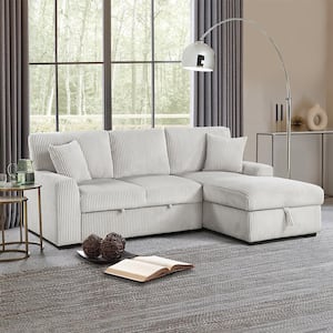 Yates 95.5 in. Straight Arm 2-Piece Corduroy Fabric Sectional Sofa with Pull-out Bed and Right Chaise in Gray