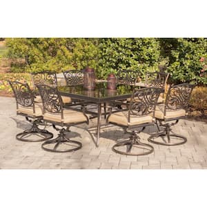 Traditions 9-Piece Aluminum Outdoor Dining Set with Square Glass-Top Table and Swivel Chairs with Natural Oat Cushions