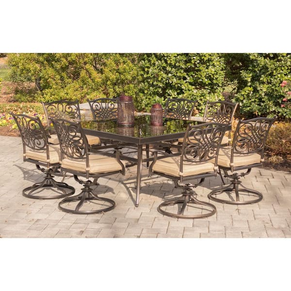 Hanover Traditions 9-Piece Aluminum Outdoor Dining Set with Square Glass-Top Table and Swivel Chairs with Natural Oat Cushions