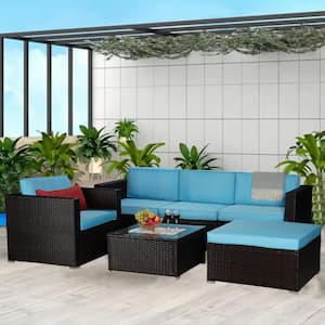 6-Piece Brown Wicker Patio Conversation Set with Blue Cushions