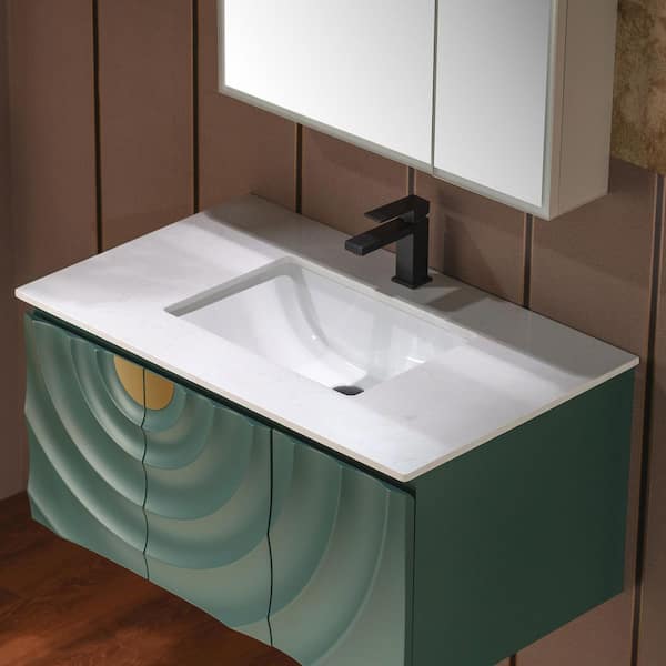 35.88 in. W x 22 in. D Single Sink Floating Bath Vanity in Green with White Engineered stone Vanity Top