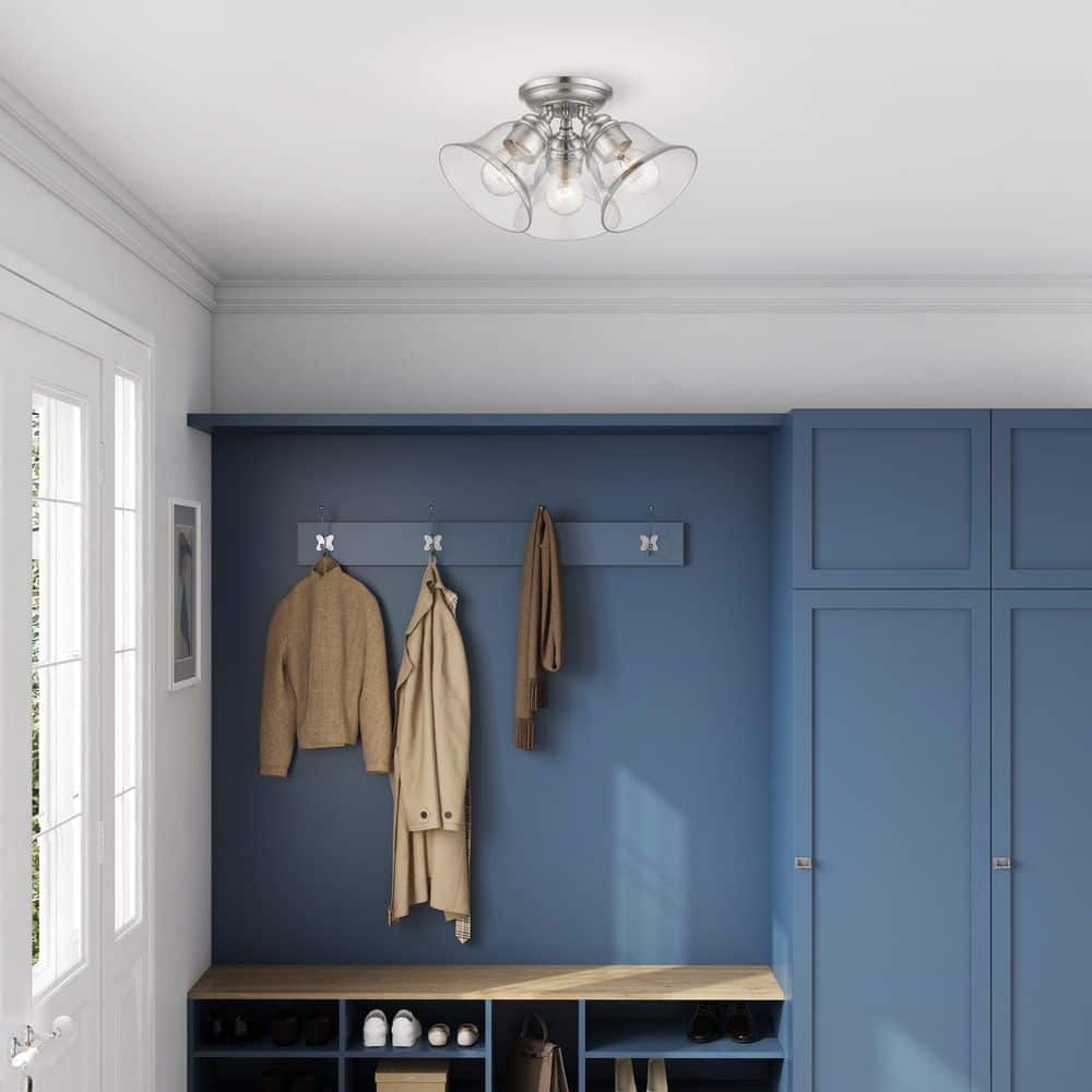 Transitional Brushed Nickel 3-Light Semi-Flush Mount with Clear Glass Shades
