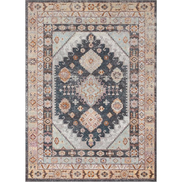 Well Woven Rodeo Virden Bohemian Eclectic Tribal Aztec Blue 6 ft. 7 in. x 9 ft. 6 in. Distressed Area Rug