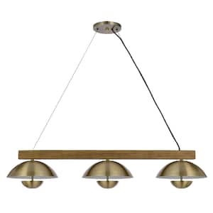 3-Light 15-Watt Integrated LED Antique Brass Metal Chandelier with Wood Accents