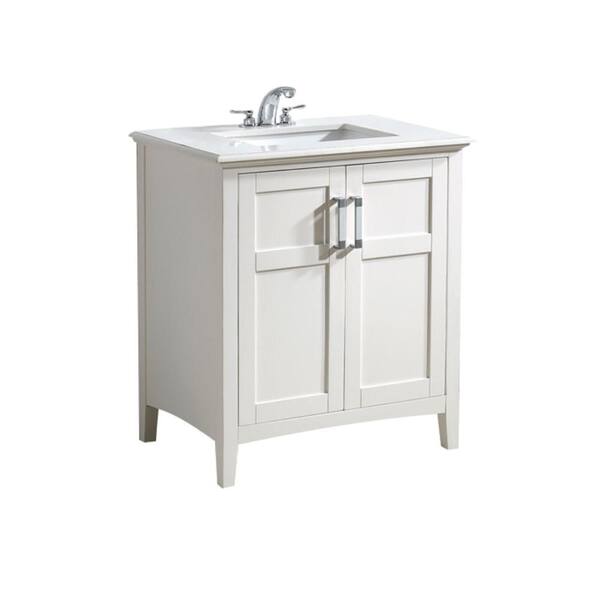 Simpli Home Winston 30 in. Bath Vanity in Soft White with Quartz Marble Vanity Top in Bombay White with White Basin