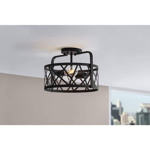Hampton Bay Mahre 13 in. 2-Light Matte Black Semi-Flush Mount Ceiling Light Fixture with Caged Metal Shade