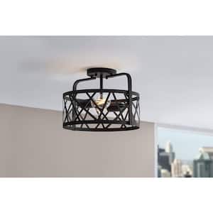 Mahre 13 in. 2-Light Matte Black Semi-Flush Mount Ceiling Light Fixture with Caged Metal Shade