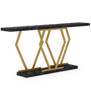 Turrella 70.9 in. Faux Marble Black Gold Rectangle Wood Sofa Console Table with Metal Frame