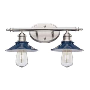 Glenhurst 16 in. 2-Light Industrial Farmhouse Cobalt and Brushed Nickel Bathroom Vanity Light Fixture with Metal Shades