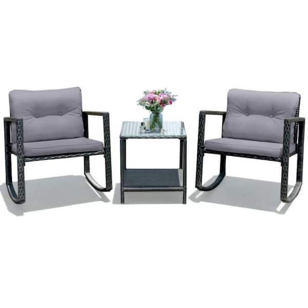 Clihome 3-Piece Wicker Patio Conversation Set with Gray Cushions, Rocking Chair and Glass Coffee Table