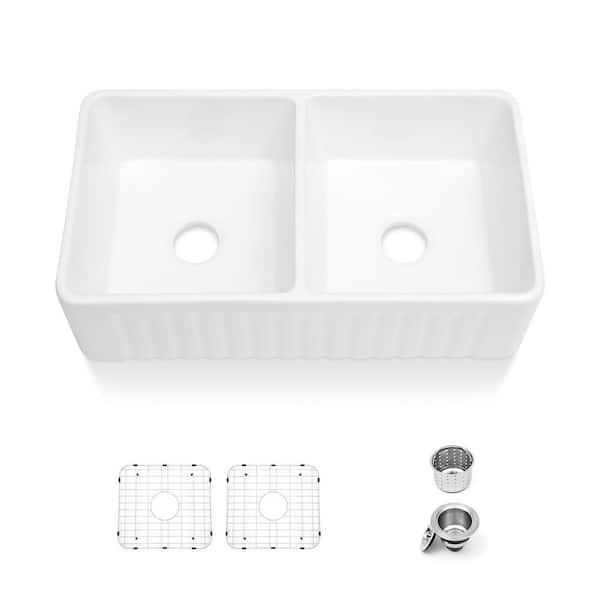 Sinber White Ceramic 33 in. Double Bowl Quick-Fit Drop-In Farmhouse Apron Kitchen Sink with Bottom Grids and Strainers