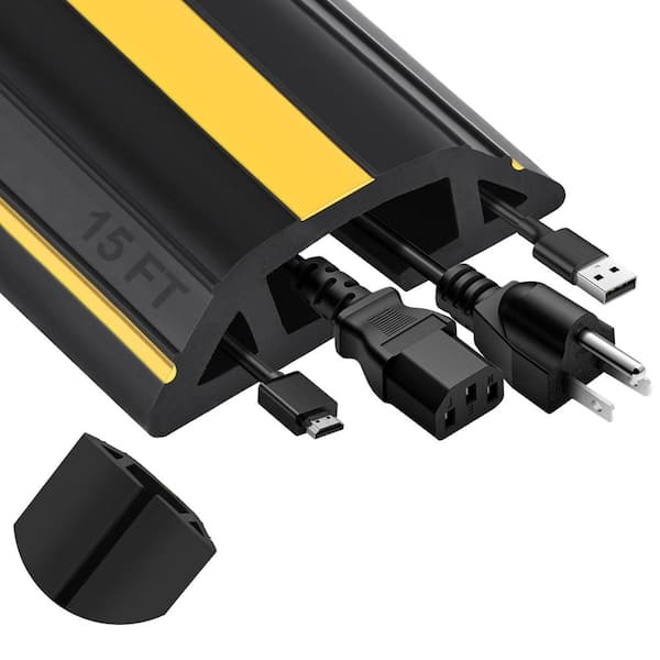 10 ft. Black Heavy-Duty PVC 3-Channel Cord Protecting Floor Strip with Yellow Warning Stripes for Home Office Outdoor