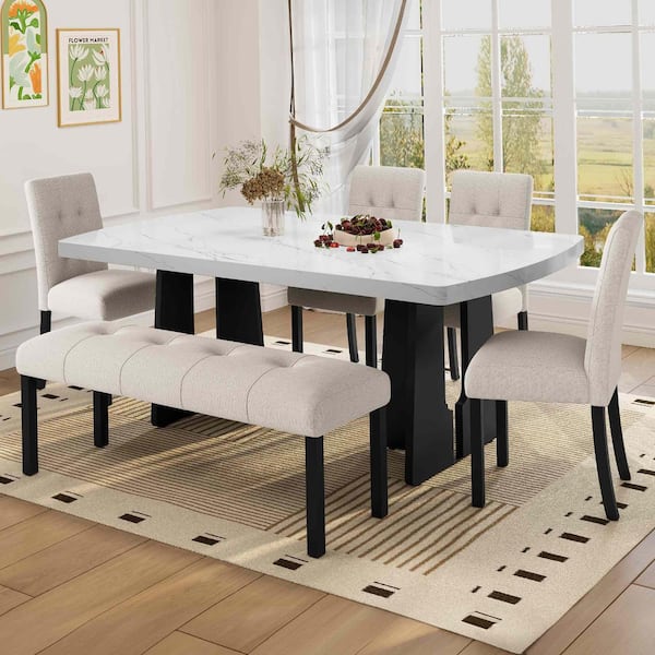 6-Piece Rectangle Beige/White Wood Top Dining Room Set Seats 6