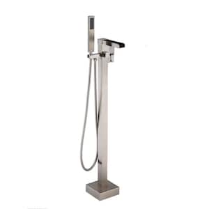 Waterfall Spout Single-Handle Floor Mount Freestanding Tub Faucet with Handheld Shower in Brushed Nickel