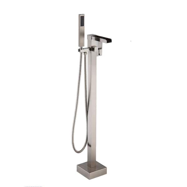 RAINLEX Waterfall Spout Single-Handle Floor Mount Freestanding Tub Faucet with Handheld Shower in Brushed Nickel