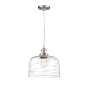 Bell 1-Light Brushed Satin Nickel Bowl Pendant Light with Clear Deco Swirl Glass Shade