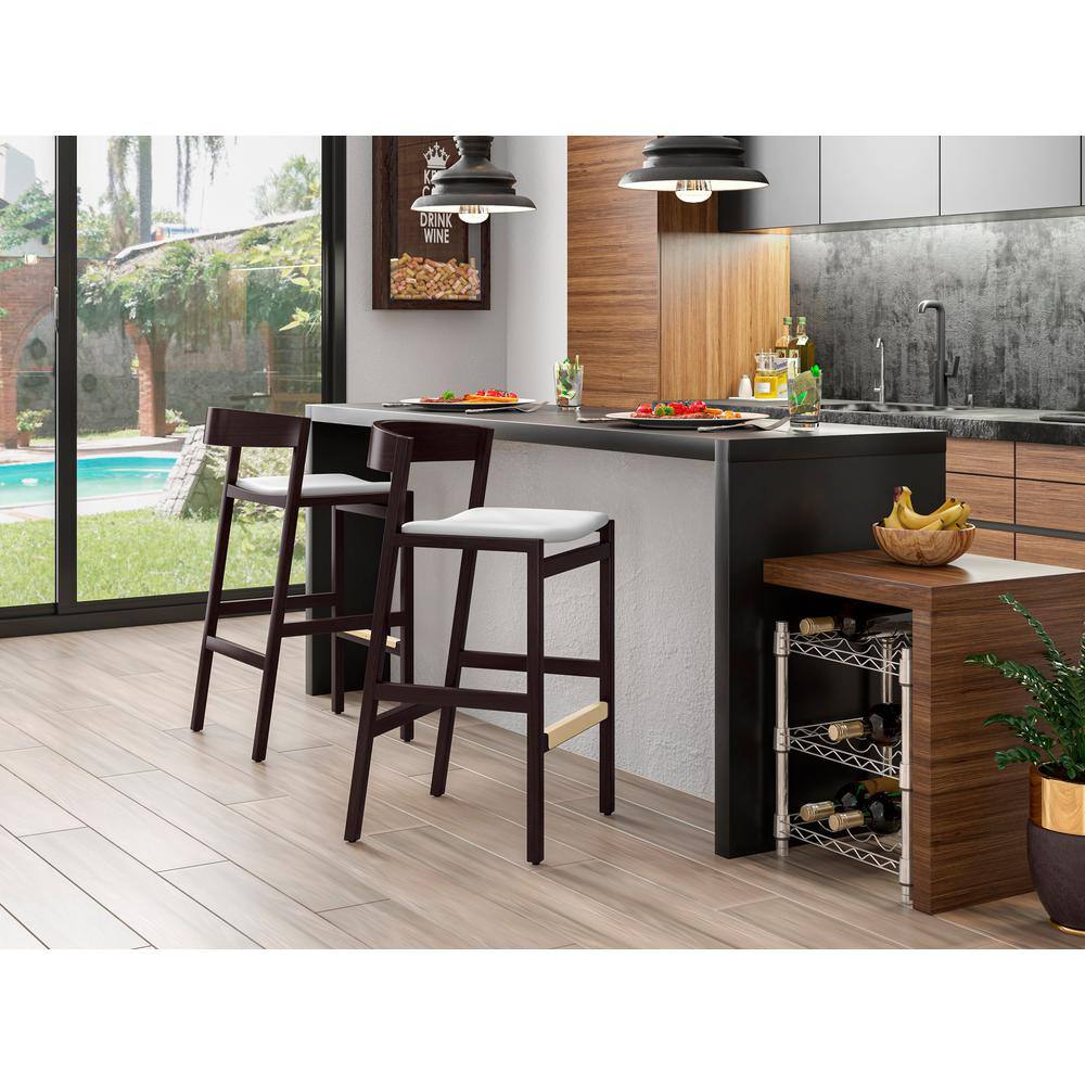 Klismos Ivory and Dark Walnut Wood Barstools with Faux Leather Seats, Set of 2