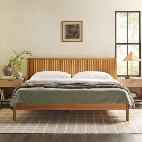 Welwick Designs Modern Brown Solid Wood Frame King Platform Bed with Unique Reeded Design Headboard