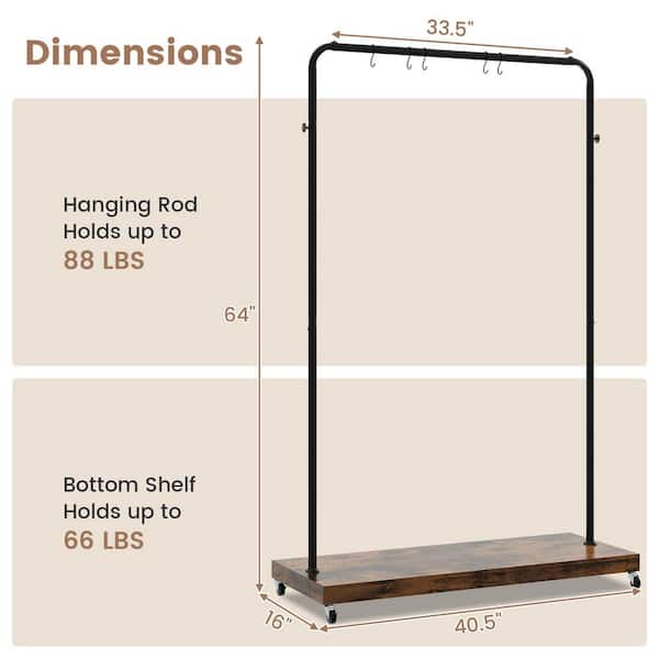Costway Rustic Brown Industrial Pipe Rolling Garment Rack