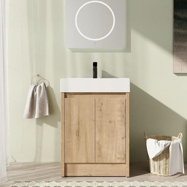 24 in. Freestanding Single Oak Bath Vanity with White Resin Top Unassembled