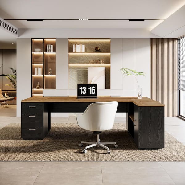 BYBLIGHT Capen 85.8 in. Light Brown&Black L-Shaped Executive Desk