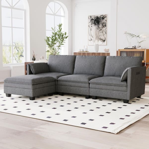 Noble House Eva 107 in. L-Shaped 4 Seater Modern Fabric Sectional Sofa in Gray with Movable Ottoman, Arm Pockets