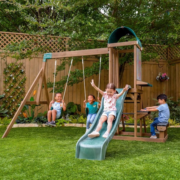 DIY Wilderness Point II Wooden Outdoor Playground Set with Slide, Climbing Ladder, Picnic Table, Swings, and Art Panel
