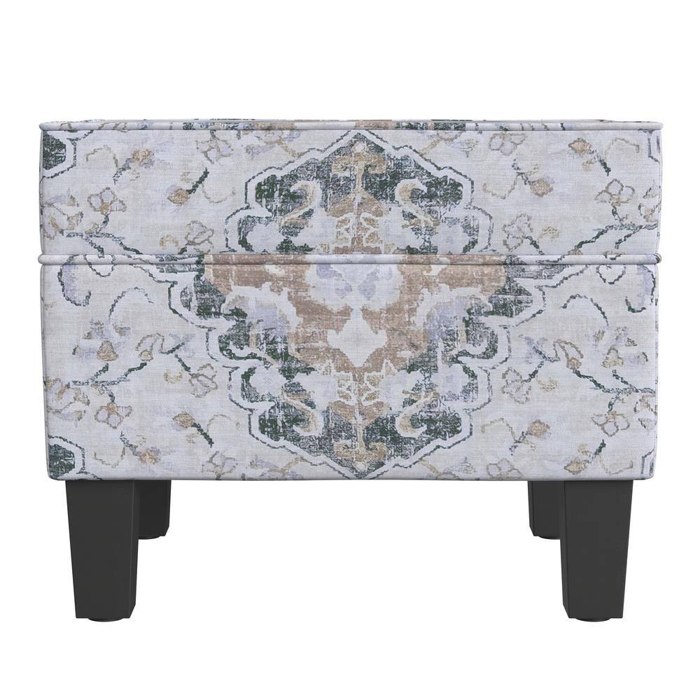 Antiqued Ebony Medallion Upholstered Storage Ottoman with Hinged Lid