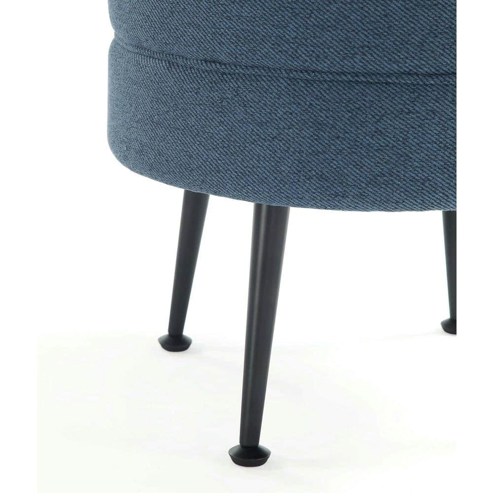 Bailey Blue Round Upholstered Ottoman with Black Stainless Steel Legs