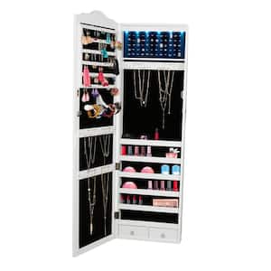 White Hanging Jewelry Organizing Armoire Storage Cabinet with 14 LED Lights, Jewelry Storage Cabinet