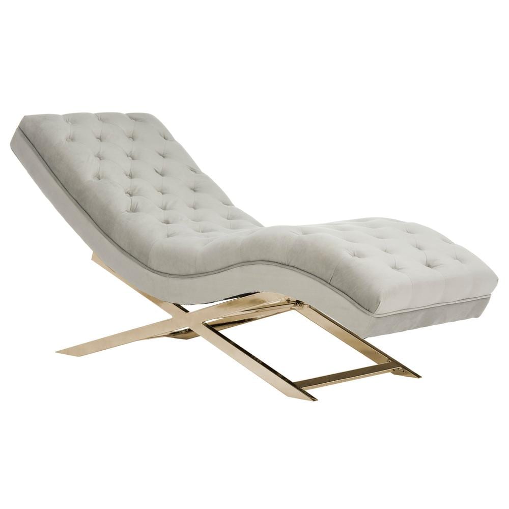 Grey Velvet Chaise with Gold Frame and Headrest