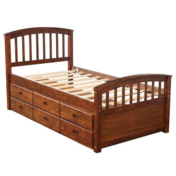 URTR 39.3 in. W Walnut Twin Size Wooden Bed Frame for Teens and Adults, Platform Bed Frame with 6-Drawers and Wooden Slats