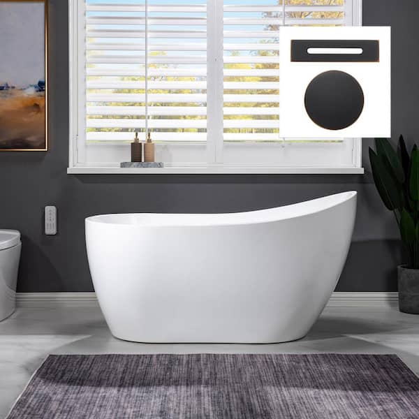 WOODBRIDGE ROYAN 54 in. Acrylic Flatbottom Single Slipper Bathtub with Oil Rubbed Bronze Overflow and Drain Included in White