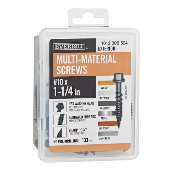 #10 x 1-1/4 in. Black 6-Lobe Drive Exterior Washer Hex Head Multi-Material Screw 1 lbs. -Box (133-Piece )