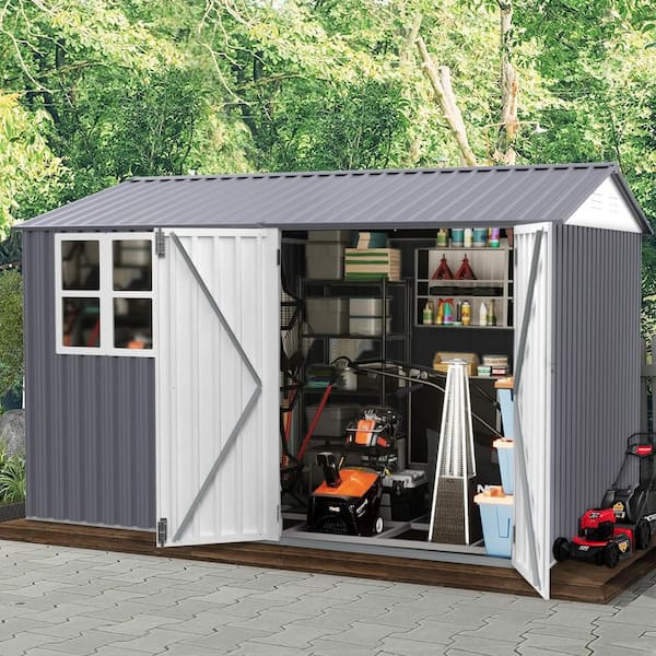 8 ft. W x 10 ft. D Grey Metal Outdoor Storage Shed with Sloped Roof & Double Lockable Door for Backyard Lawn(80 sq. ft.)