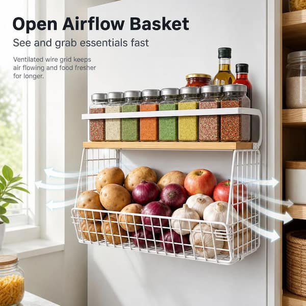 Wudkey White Magnetic Basket Shelf for Fridge with Lid, Pantry