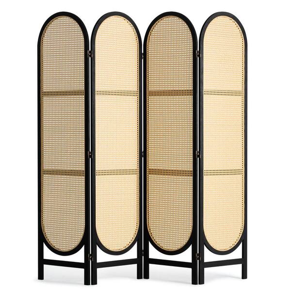 SKYSHALO 4 Panel Room Divider, Hand-Woven Rattan Folding Privacy Screens with Hinges, Portable Wooden Freestanding Wall Divider