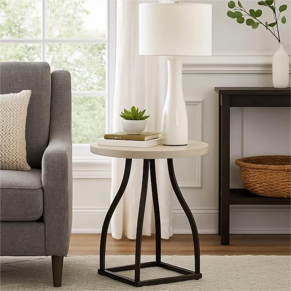 Tior 20 in. White and Black Round Wood Accent End Table with Black Metal Base