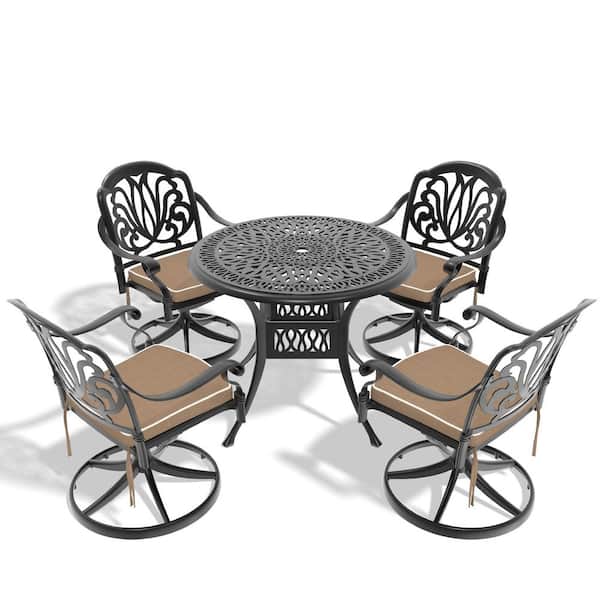 5-Piece Aluminum Outdoor Dining Set with Brown Cushions, 4 Swivel Chairs and 1 Round Table, Patio Furniture Set