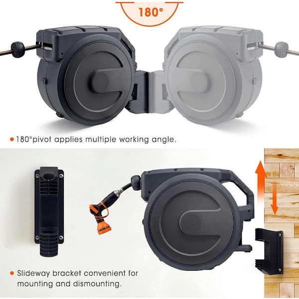 HICHIKA 20M Wall Mounted Retractable Hose Reel - Auto Lock/Rewind Garden Hose With 8-Function Spray Gun