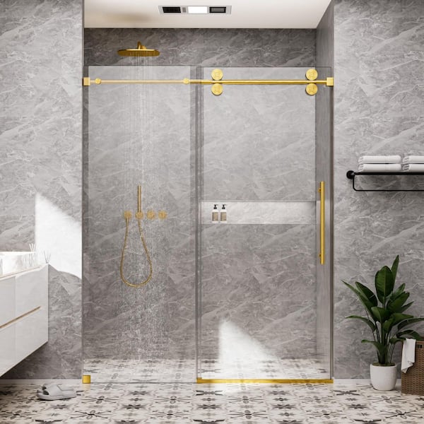 66 in. W x 76 in. H Single Sliding Frameless Shower Door in Brushed Gold with Smooth Sliding and 3/8 in. Clear Glass