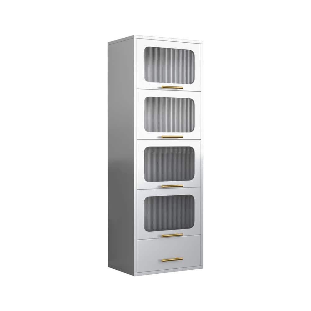 21.65 in. W x 15.75 in. D x 63.00 in. H White Linen Cabinet with 4-Transpar