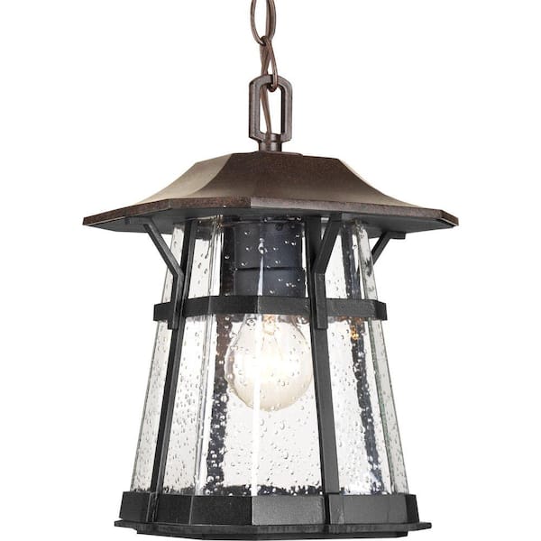 Progress Lighting Derby Collection 1-Light Espresso Clear Seeded Glass Craftsman Outdoor Hanging Lantern Light