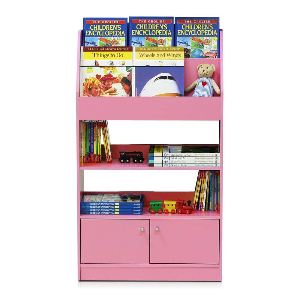 Contemporary Laminated Pink Wood Bookshelf for Kids with 4 Tiers and Cabinet