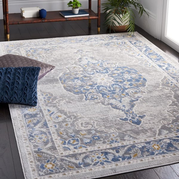 Palma 8 ft. x 10 ft. Gray/Blue Border Medallion Area Rug
