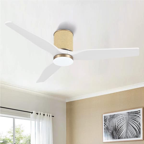 52 in. 3 Solid Wood Blades Flush Mount Ceiling Fan with Light Kit NAB Gold and White