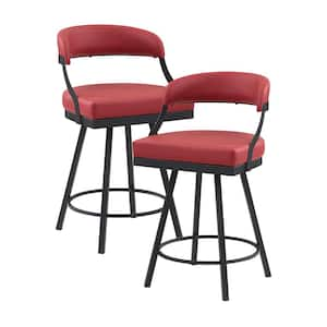 Brassica 26.5 in. Black Finish Metal Swivel Counter Height Chair With Red Faux Leather Seat (Set of 2)