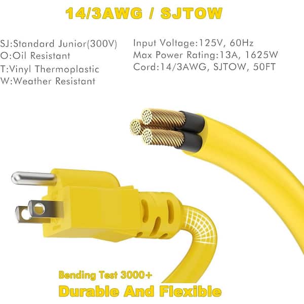 50 ft. 14AWG/3C, 13 Amp Retractable Extension Cord Reel with 3 Grounded Outlet, Wall or Ceiling Mountable, Yellow