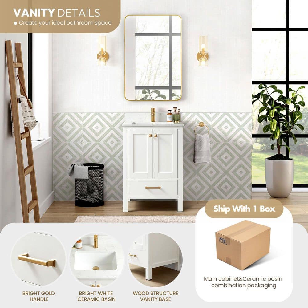 Shannon White Oak Single Sink Vanity with Stone Top and Mirror